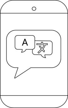 Black white drawing shows a smartphone with a language translation icon in the screen vector