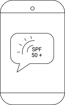 A phone displaying a chat bubble with a sun graphic and the text SPF 50 vector