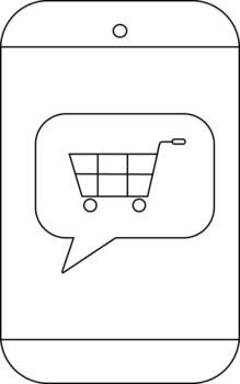 A line drawing of a smartphone displaying a shopping cart icon inside a chat bubble vector