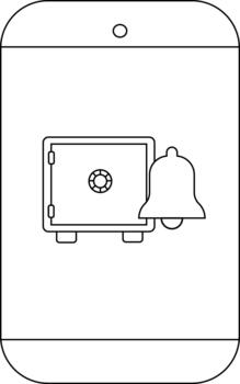 Outlined mobile phone with a safe and bell icon displayed on its screen vector