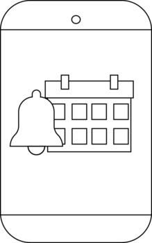 Outline of a mobile phone displaying a calendar icon and a notification bell vector