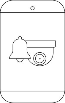 línea Arte teléfono inteligente con cámara icono y notificación campana en pantalla vector