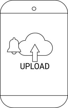 A smartphone displays an upload symbol with a cloud arrow and bell The word UPLOAD is visible vector