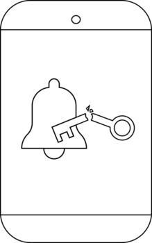 A mobile phone displays a broken key intersecting a bell both outlined in black vector