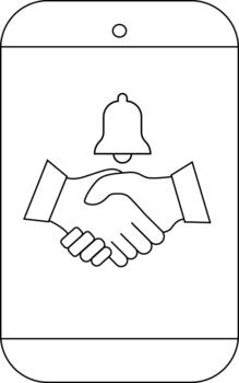 A line drawing of a smartphone screen showing a handshake graphic and a bell icon vector