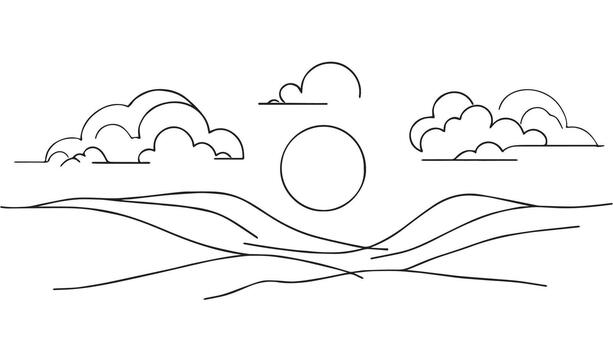 a line drawing of a mountain range with clouds vector