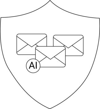 White shield with three mail icons AI symbol clean digital vector