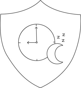 Shield with clock pointing to 9 and 12 moon and Zs implying sleep vector