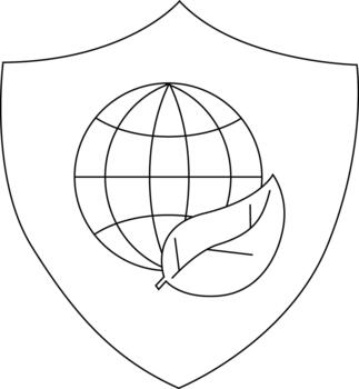 Shield with a globe overlaid by a leaf Simple black lines on white vector