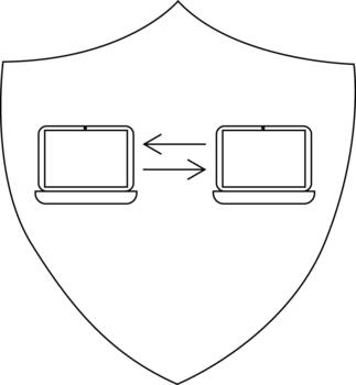 Shield with 2 laptops facing each other connected by bidirectional arrows vector