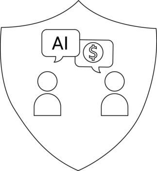 Shield displaying two stick figures discussing AI and money vector