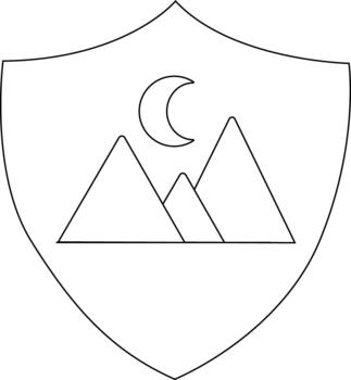 Shield containing line art Three peaks under a crescent moon minimalist design vector