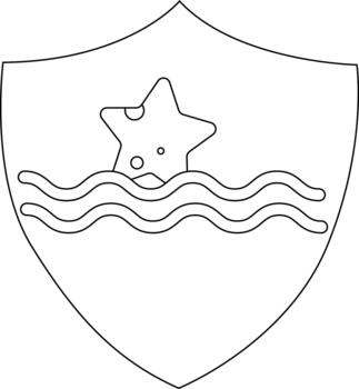 A shield with a starfish above wavy lines all in outline vector
