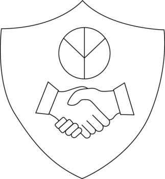 A shield with a handshake and a circle divided into thirds by lines vector