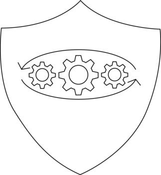 A shield emblem with three gears encircled by arrows suggesting continuous motion vector