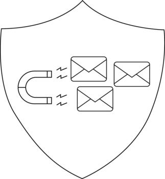 A shield featuring a magnet attracting three envelopes symbolizing email security vector