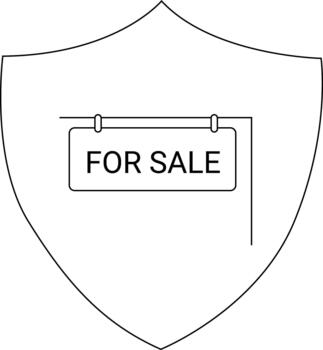 A shield displays a FOR SALE sign with a rectangular frame suspended from a horizontal bar and supported by a vertical line vector
