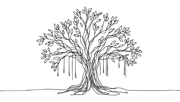 un continuo línea Arte dibujo de un árbol con hojas vector