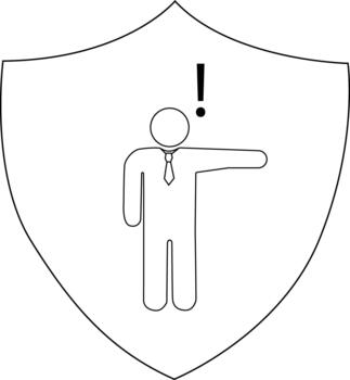 A shield contains a suited figure with an exclamation mark above pointing right vector