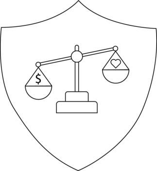 A shield contains a scale balancing a dollar sign against a heart suggesting a concept of value vector