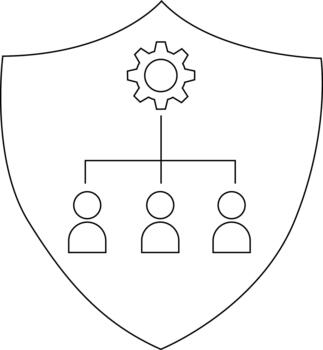 A shield contains a gear linked by lines to 3 stick figures suggesting structureorganization vector