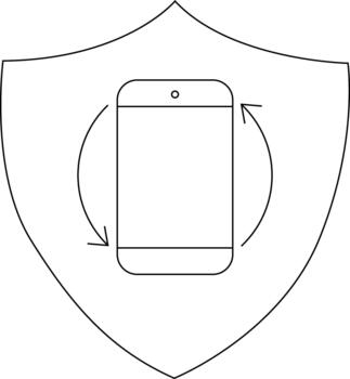 A lineart image shows a shield with a smartphone and rotating arrows inside vector