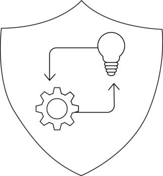 un heráldico proteger con un bombilla un engranaje y flechas ilustrando un ciclo de idea implementación vector