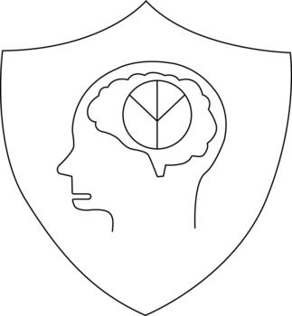Stylized shield with brain in a head silhouette divided into three sections vector