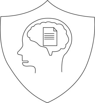 Shielded profile head outline with a brainshaped cloud holding a document inside vector