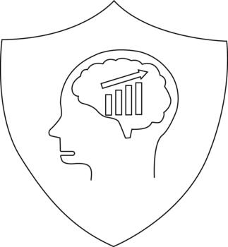 Shield with a brain inside a profile The brain contains a bar graph and an upwardpointing arrow vector