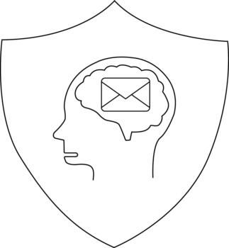 Shield outline with head containing an envelope symbolic of mental mail security vector
