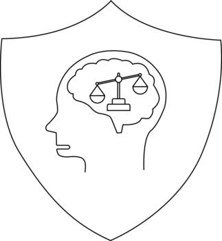 Shield enclosing head with brain containing balanced scales illustrating decisionmaking or justice vector