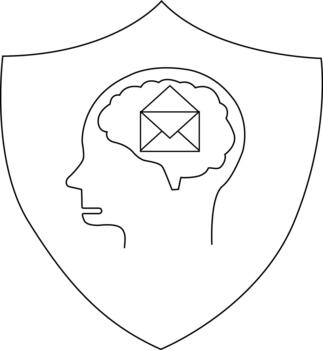 Shield displays head outline with brain containing an envelope icon vector