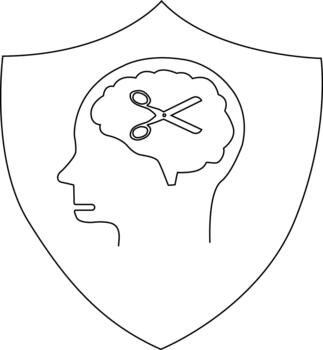 Shield displaying a head in profile with scissors inside the brain outline vector