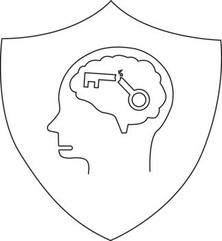 Shield containing a head with a brain a broken key rests inside vector