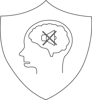 Outline of a shield containing a head profile with a brain housing a crossedout speaker icon vector