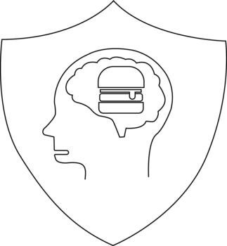 Outline of a head with a brain containing a burger all within a shield shape vector