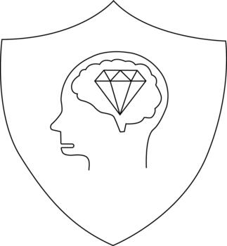 Outline image of a shield containing a head profile with a brain replaced by a diamond vector