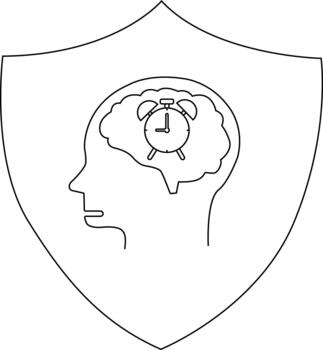 Outline of a head inside a shield brain containing a clock Simple graphic design vector