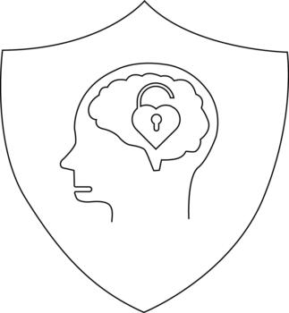 Line drawing features a head silhouette with a brain a heartshaped lock inside and a shield around it vector