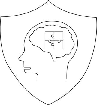 Line art of a head inside a shield with a brain containing a puzzle inside the head vector