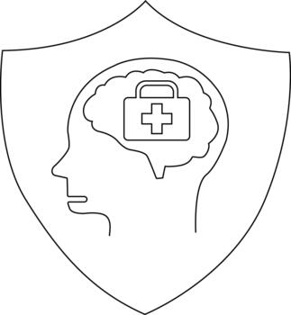 Head silhouette with a brain containing a firstaid kit all inside a shield shape vector