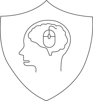 Head silhouette inside a shield with a brain containing a computer mouse vector