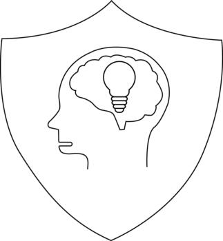 Crested outline image of a head containing a brain shaped as a lightbulb vector