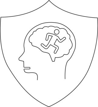 Blackoutlined shield with a brain inside a head containing a running figure vector