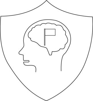 Blackandwhite sketch of a shield containing a head profile with a brain inside of which is a flag vector