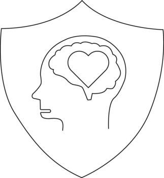 Black line art of a head silhouette inside a shield with a brain outline containing a heart shape vector