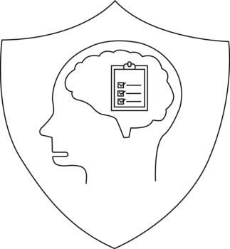 A side profile of a head with a brain inside containing a clipboard checklist all encased in a shield vector