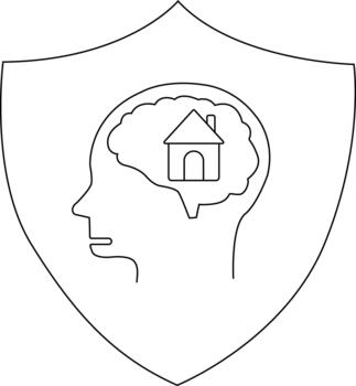 A shield with a head in profile inside the head is a brain with a house inside vector