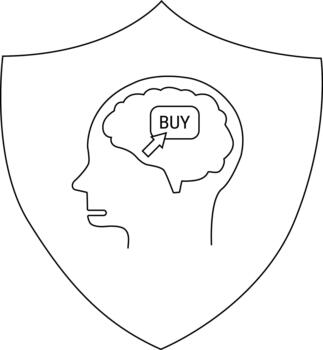 A shield icon showing a head profile with a brain and arrow pointing to a BUY box inside the brain vector